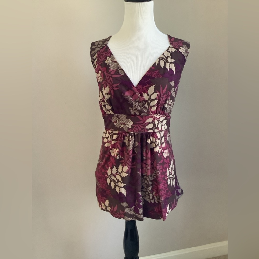 Brown floral vneck stretch sleeveless top, XL